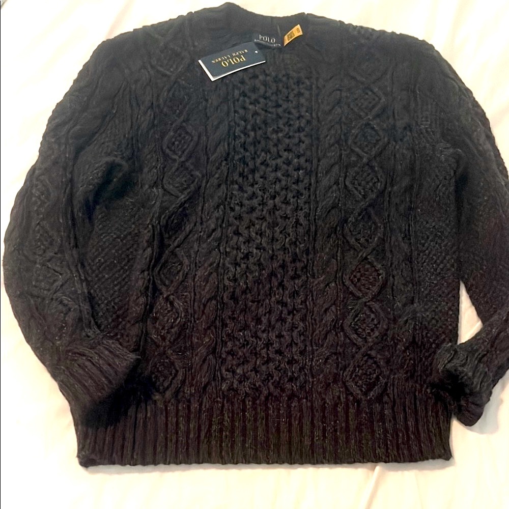 NWT Polo Ralph Lauren Men's Charcoal CableKnit Crewneck Sweater Cotton Fisherman